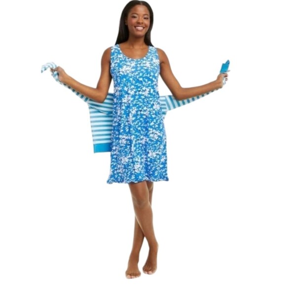 Draper James Nightgown Pajamas Ruffle Nightie Blue Floral White Dress Short S M - Picture 12 of 13